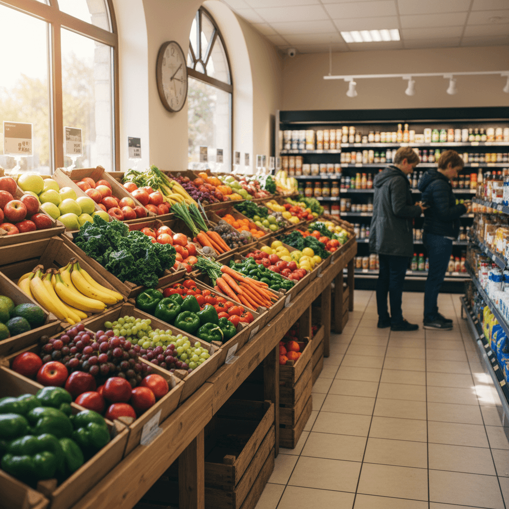 Fresh fruits and vegetables in crates at a supermarket