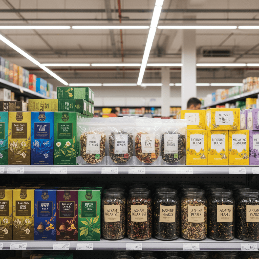 Tea boxes and bags on a shelf