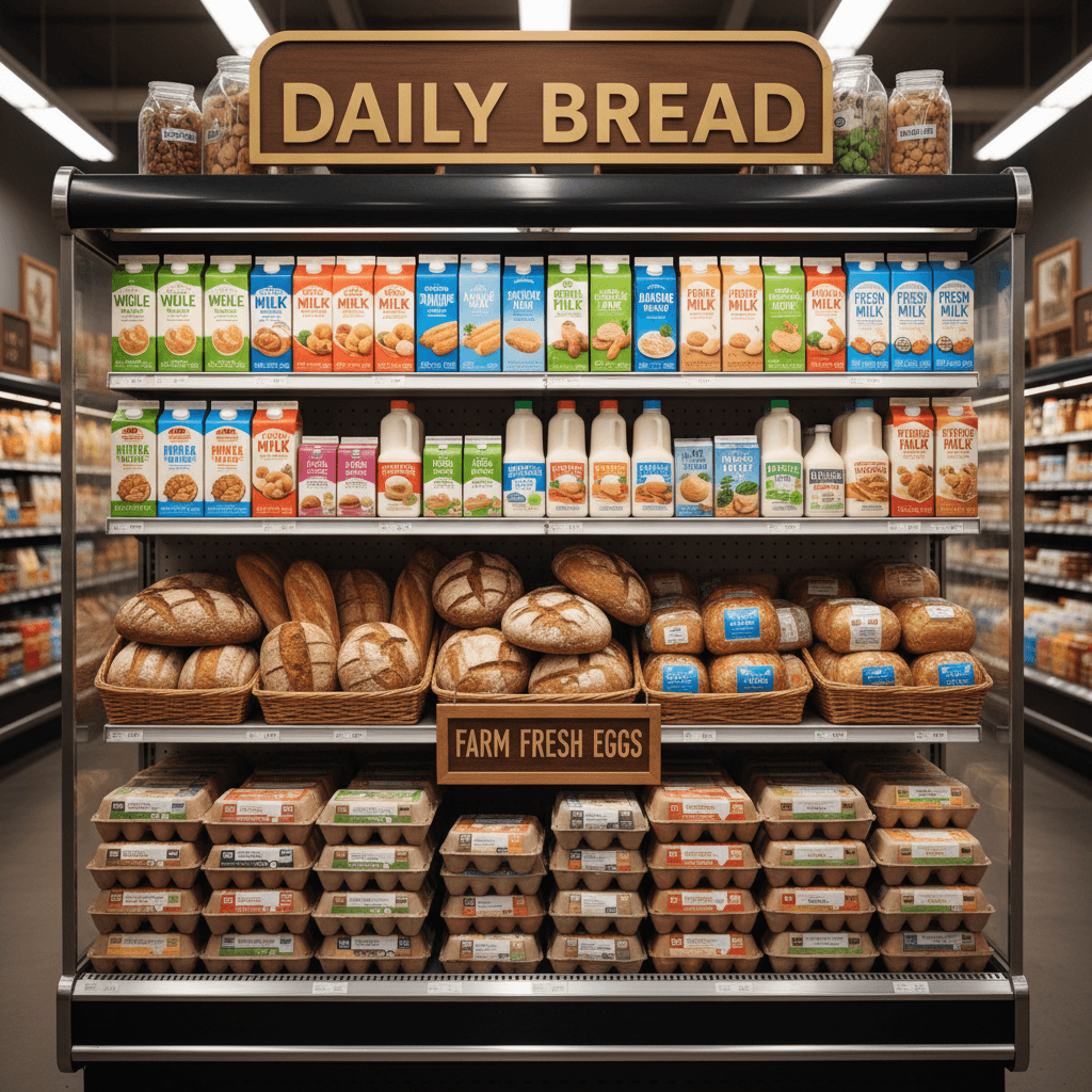 Milk, bread, and eggs on shelves in a grocery store