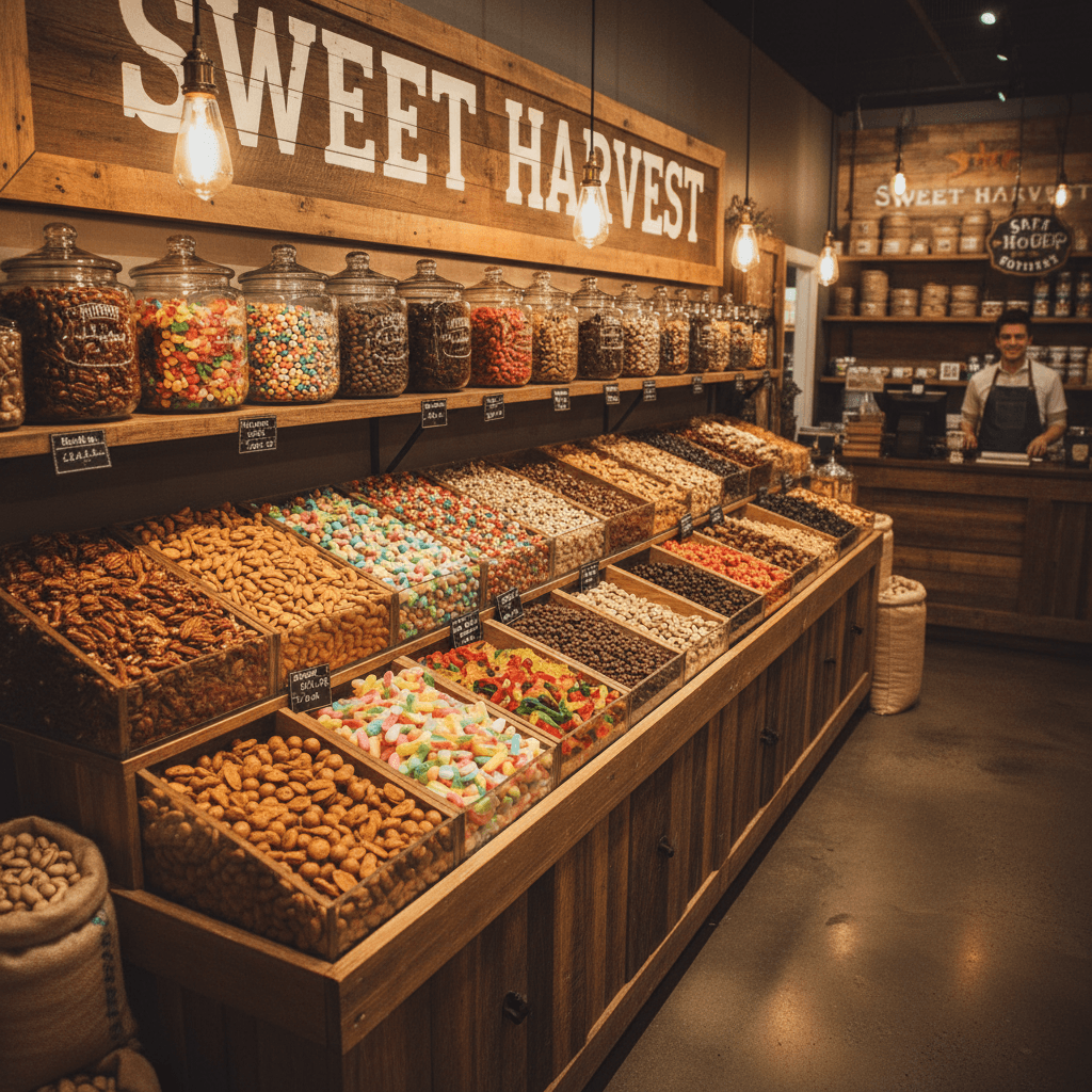 Bulk bins of nuts and candies in a shop