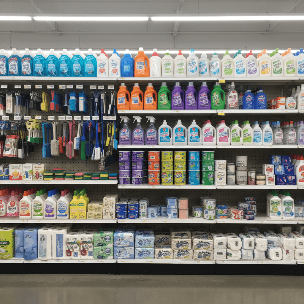 Household cleaning supplies on shelves