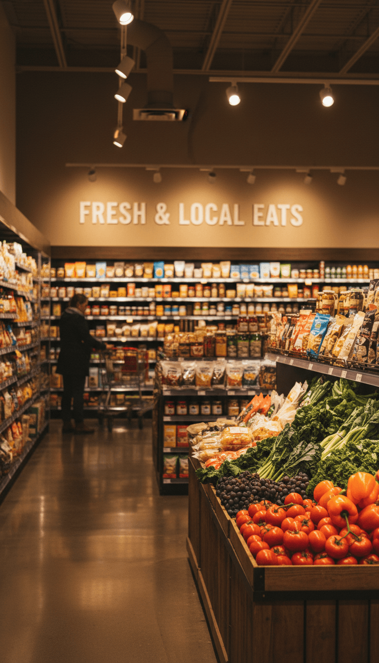 Well-lit supermarket aisle with shelves stocked at night