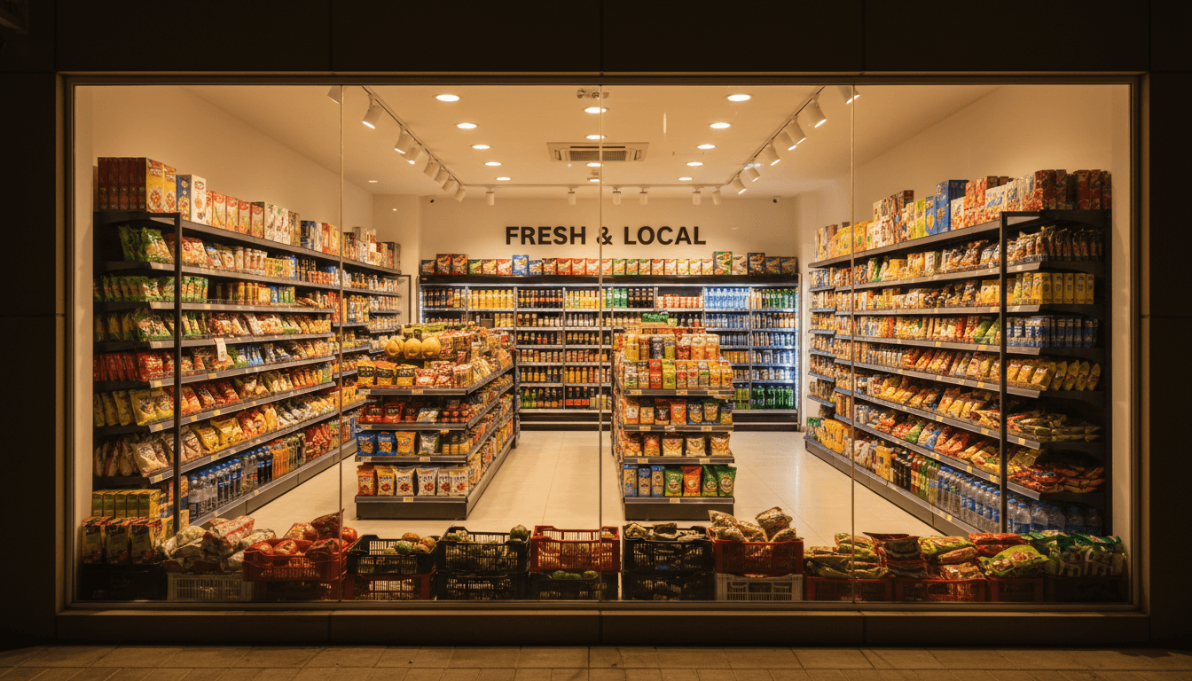 Brightly lit neighborhood supermarket interior at night with stocked shelves and fresh produce