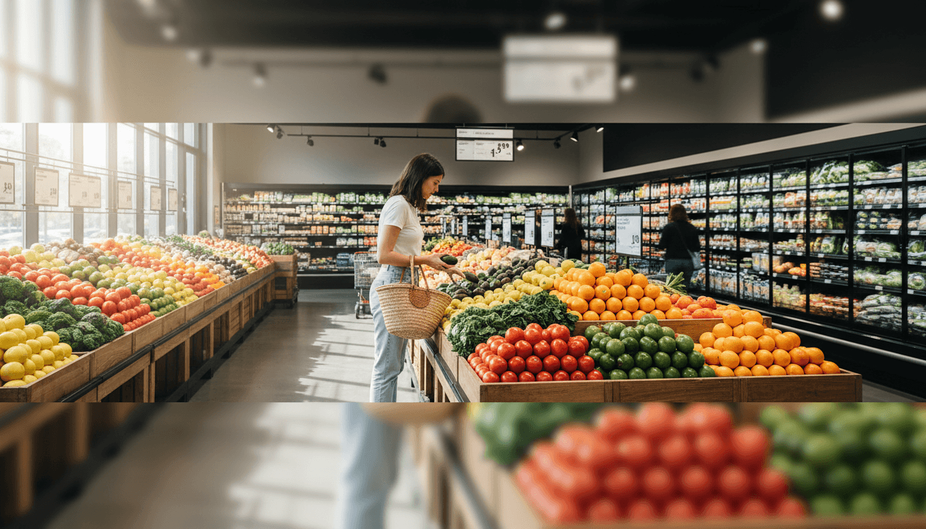 Well-stocked grocery store interior with refrigerated section and produce displays