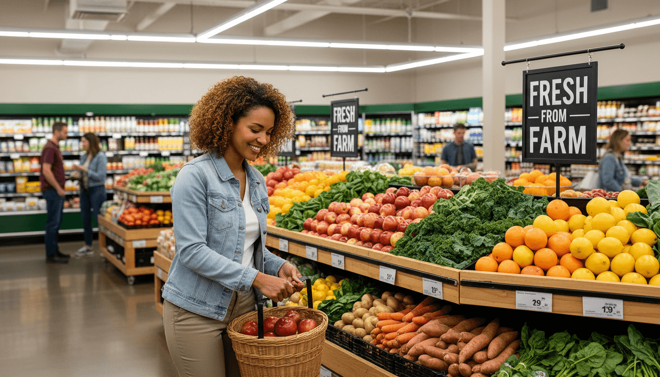 Well-stocked shelves and fresh produce inside a clean, bright 24-hour neighborhood supermarket