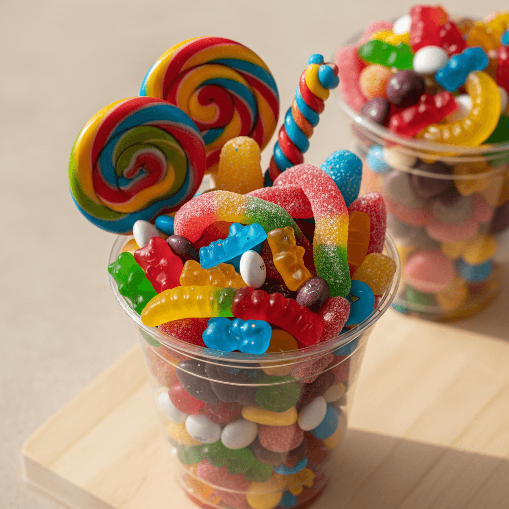 Bulk bins filled with nuts and colorful wrapped candies