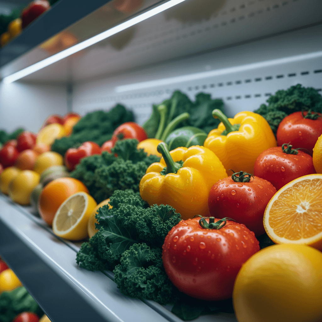 Fresh produce display with vegetables and fruits