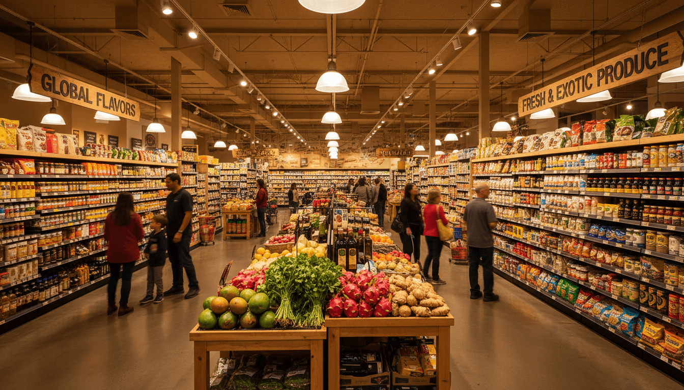 Bright, well-stocked grocery store aisle in a neighborhood market at night