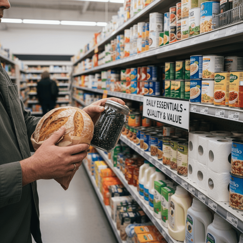 Curated shelves with everyday groceries
