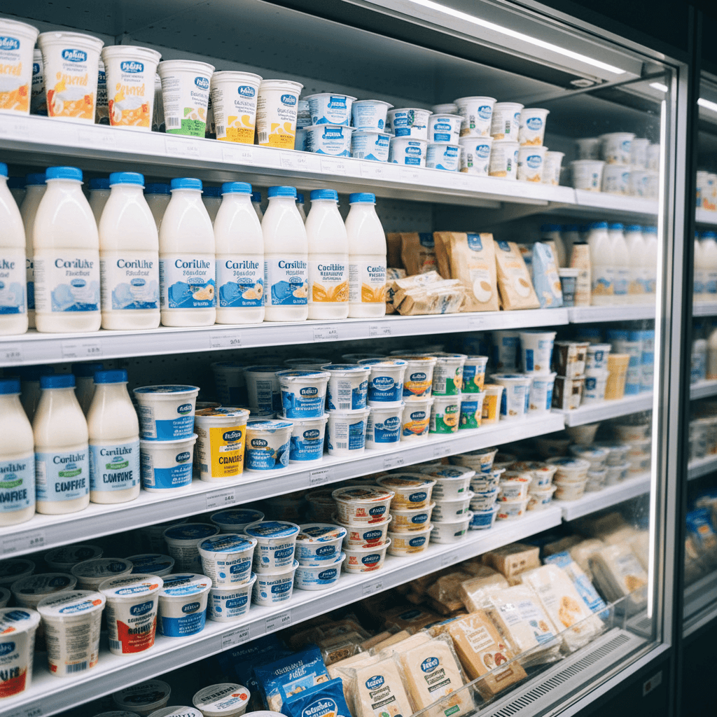 Refrigerated dairy section with milk and yogurt