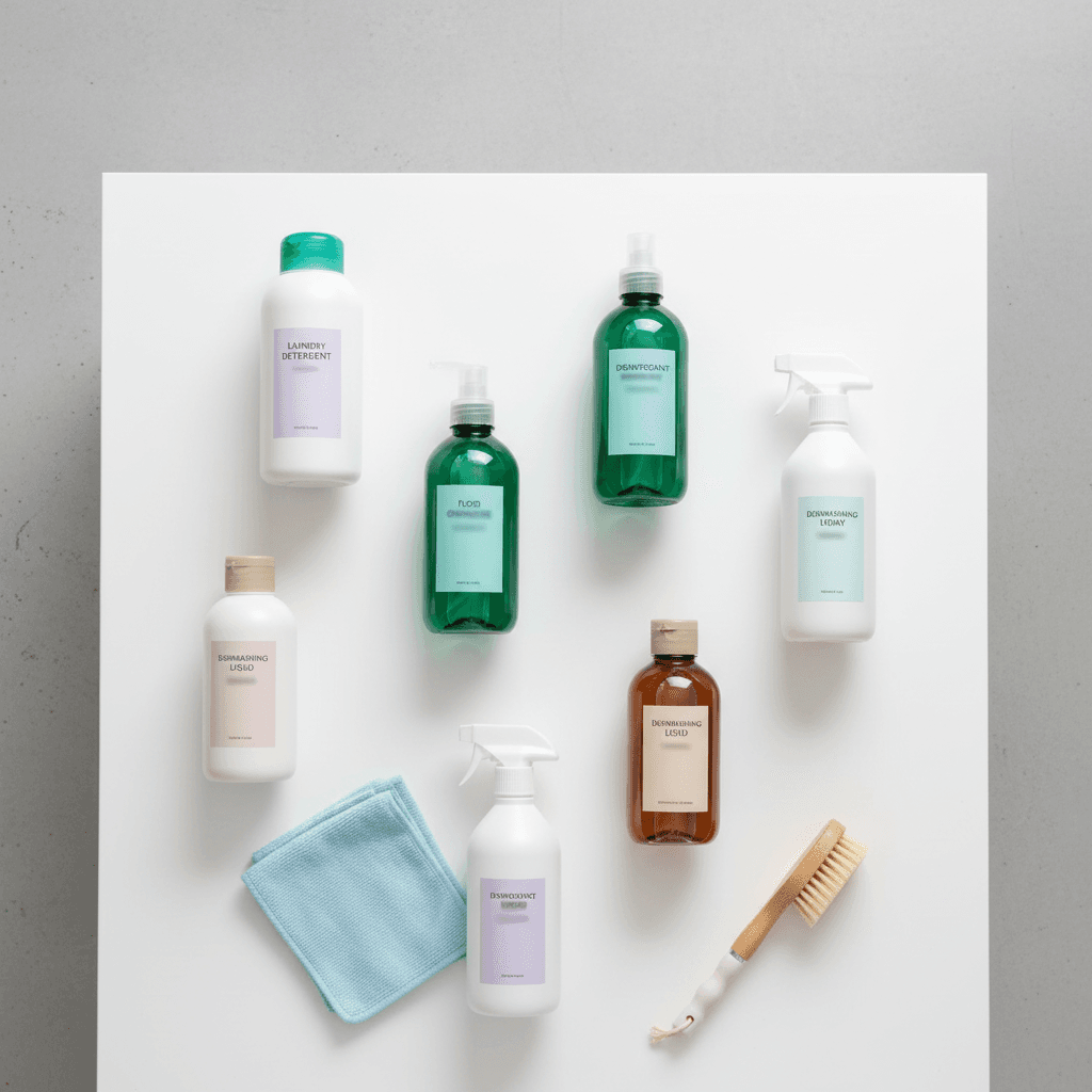 Neatly arranged household essentials on store shelves