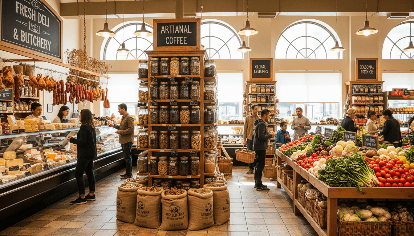 Bright and tidy supermarket aisle with stocked shelves, fresh produce, and refrigerated cases in the background
