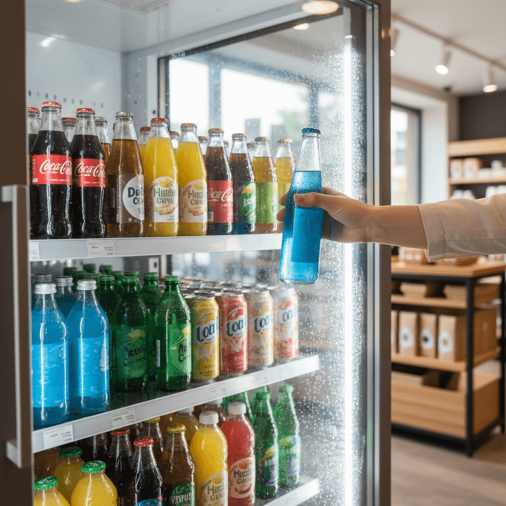 Open refrigerated display case with a customer reaching for a cold drink