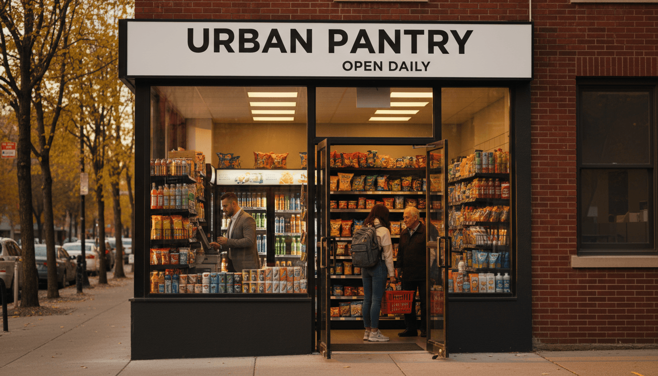 Brightly lit supermarket aisle with stocked shelves at night