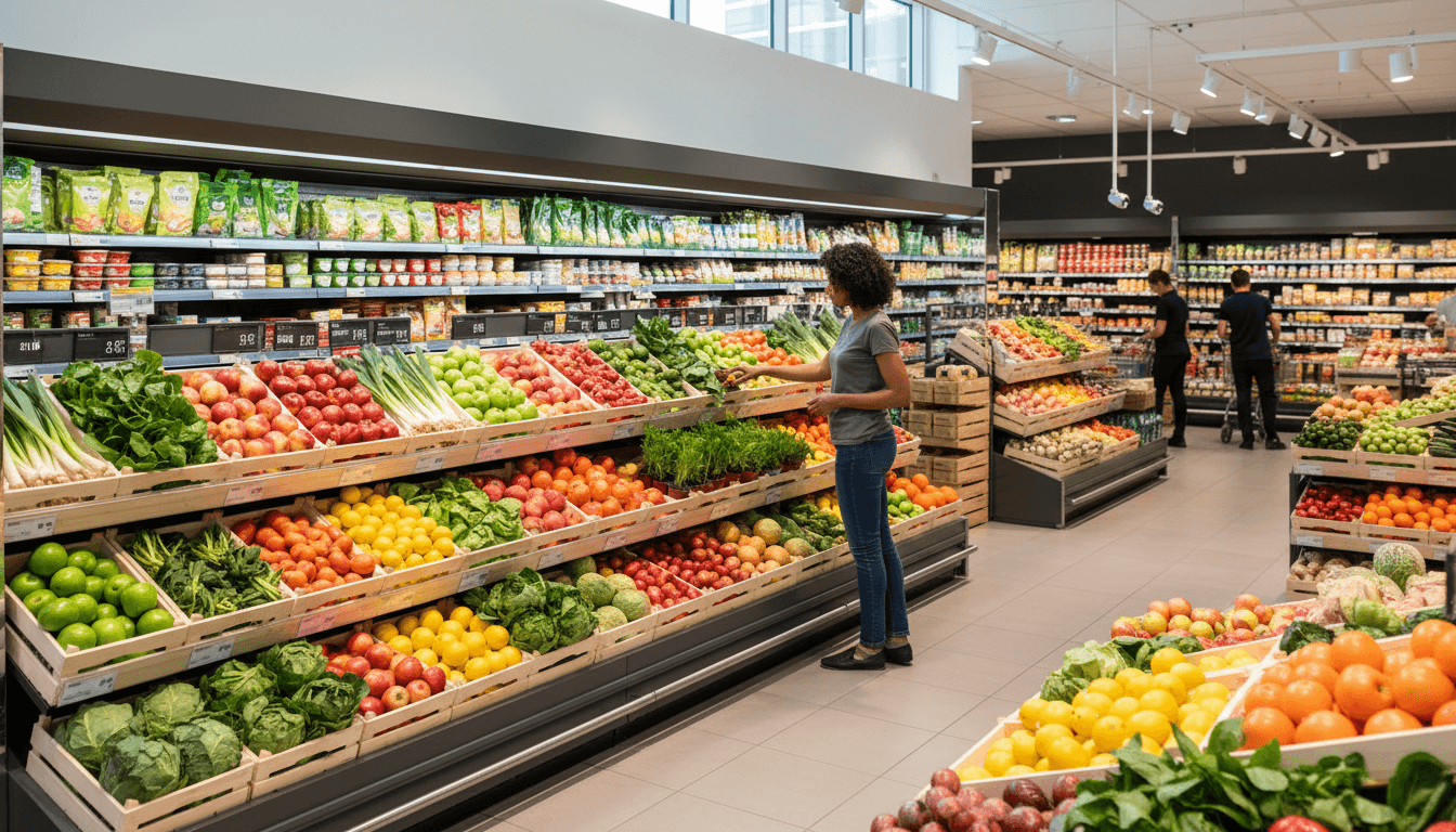 Well-stocked grocery aisle with produce and refrigerated cases