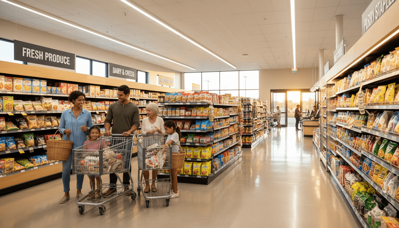 Clean, well-stocked supermarket aisle with neatly arranged shelves