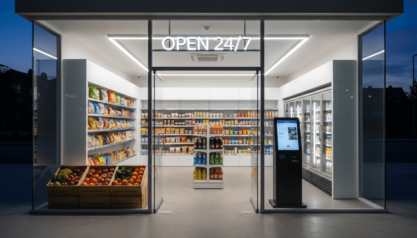 Interior of a well-stocked convenience store open late at night