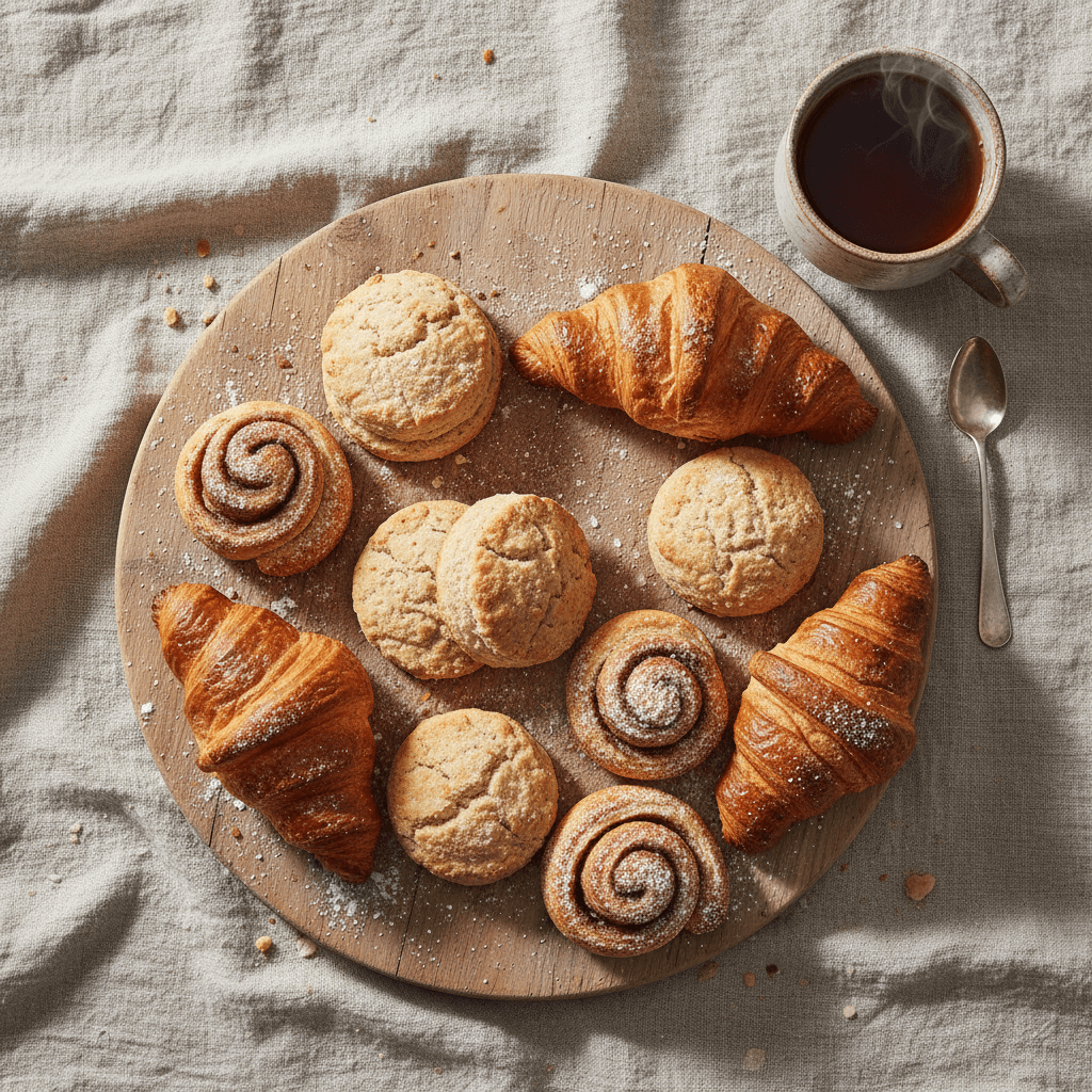 Sweets and pastries displayed beside a cup of tea