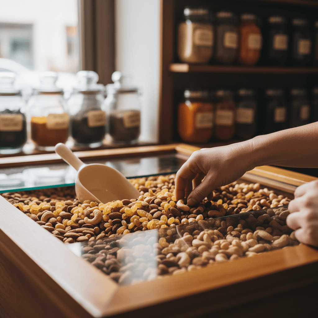 Bulk nuts and candies in dispenser bins