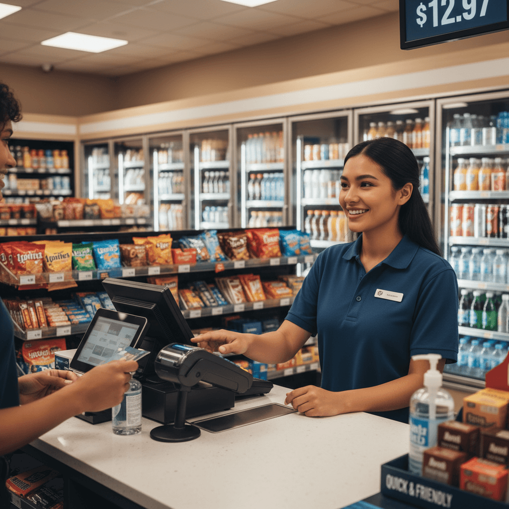 Friendly store clerk assisting customer at the checkout counter